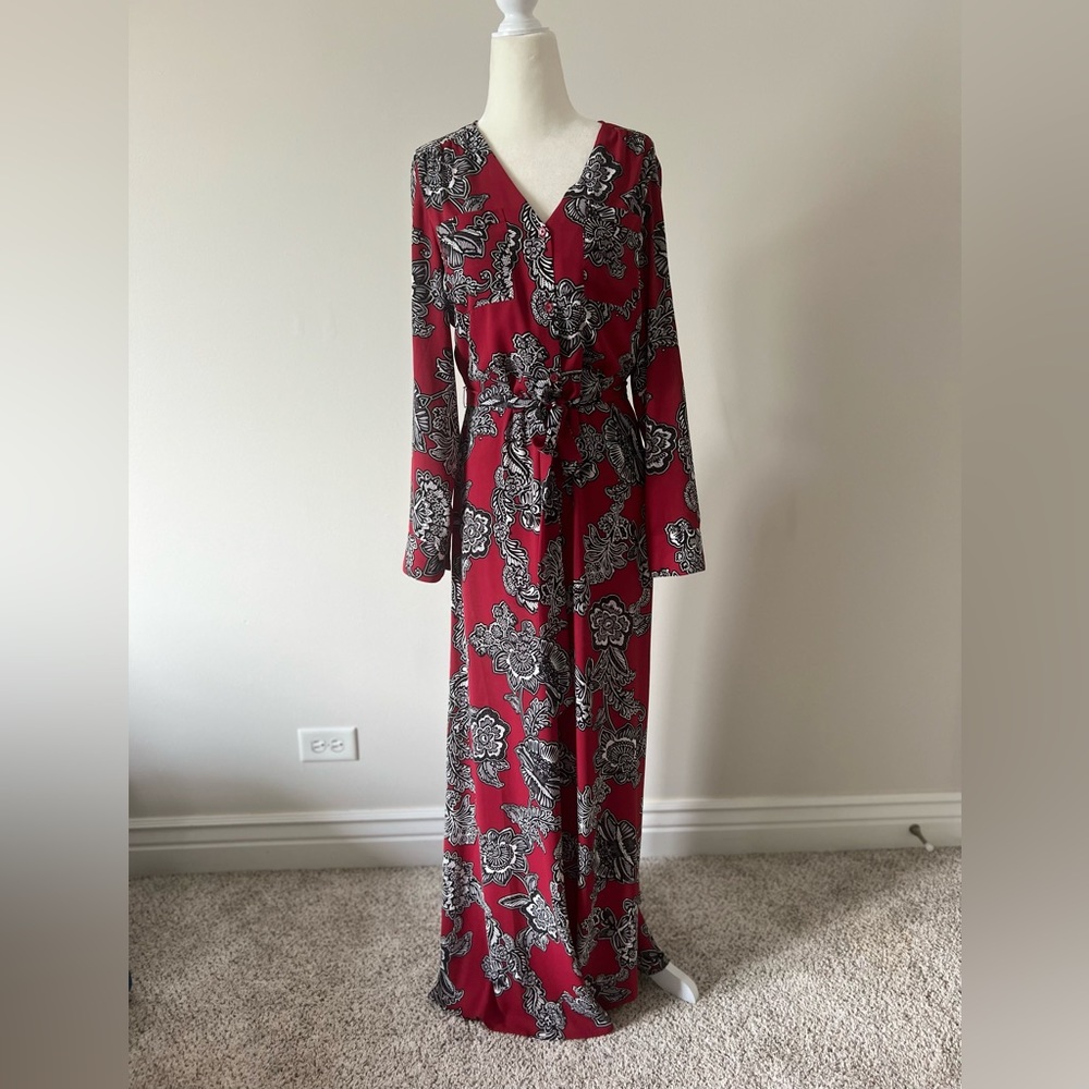 Floral red/black, long sleeve, button down dress.